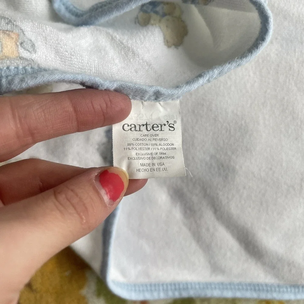 Vintage Rare Unisex Carters Cotton Hood Teddy Bear Kitten ABC Blanket Blue White